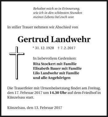 Traueranzeige von Gertrud Landwehr 