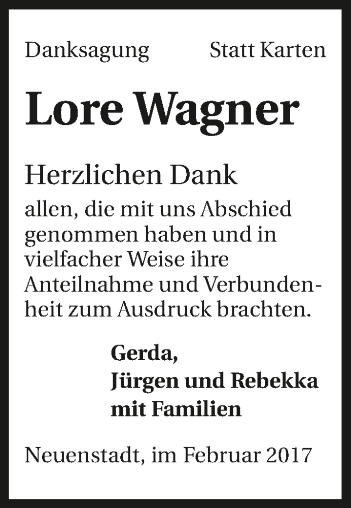  Traueranzeige für Lore Wagner vom 17.02.2017 aus 