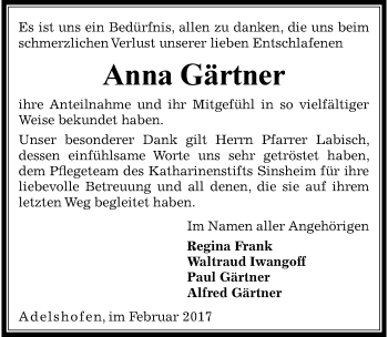 Traueranzeige von Anna Gärtner 