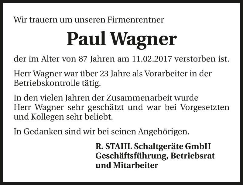  Traueranzeige für Paul Wagner vom 21.02.2017 aus 
