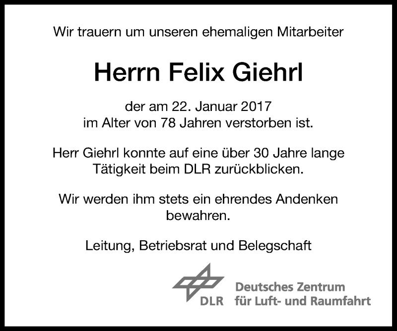  Traueranzeige für Felix Giehrl vom 02.02.2017 aus 