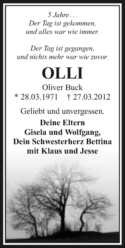  Traueranzeige für Oliver Buck vom 27.03.2017 aus 