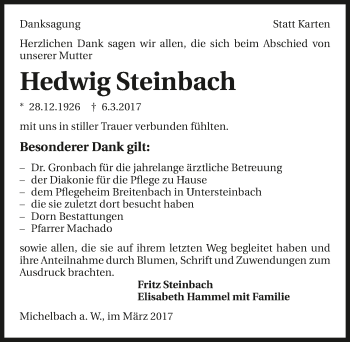 Traueranzeige von Hewdig Steinach 