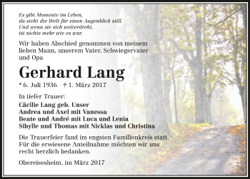 Traueranzeige von Gerhard Lang 