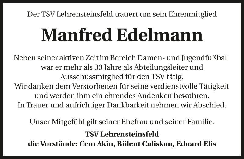  Traueranzeige für Manfred Edelmann vom 29.03.2017 aus 