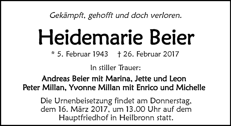  Traueranzeige für Heidemarie Beier vom 11.03.2017 aus 