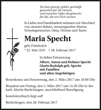 Traueranzeige von Maria Specht 