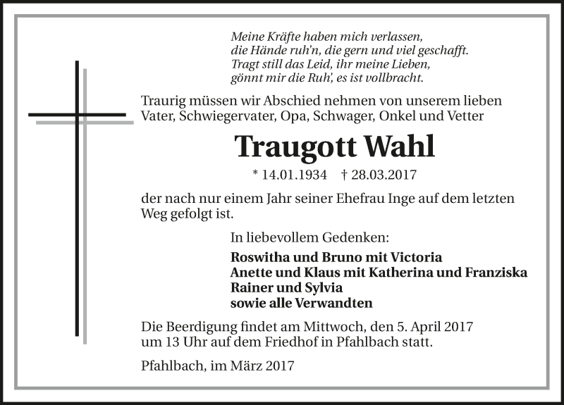  Traueranzeige für Traugott Wahl vom 01.04.2017 aus 