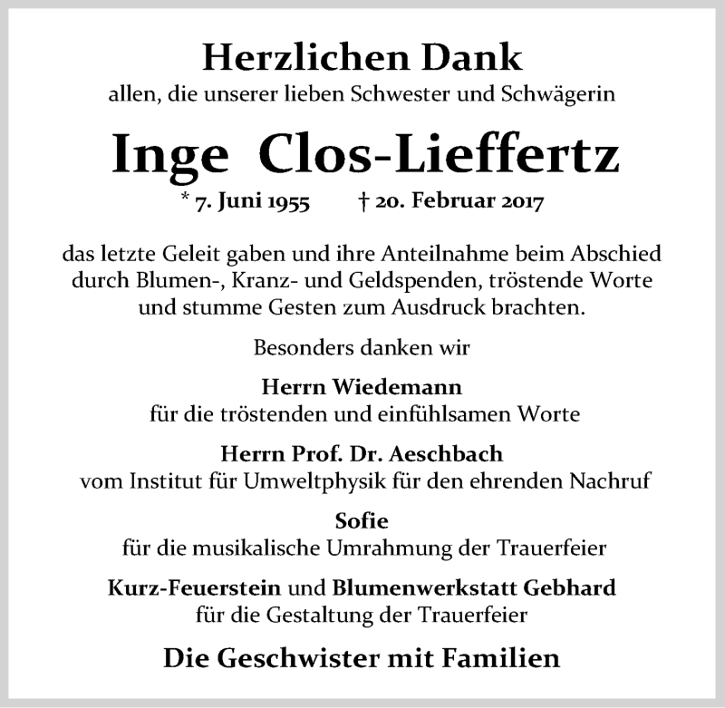  Traueranzeige für Inge Clos-Lieffertz vom 31.03.2017 aus 