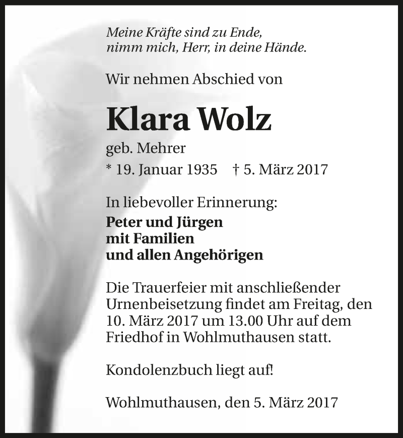  Traueranzeige für Klara Wolz vom 08.03.2017 aus 