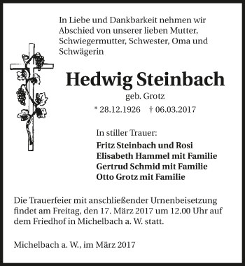 Traueranzeige von Hedwig Steinbach 