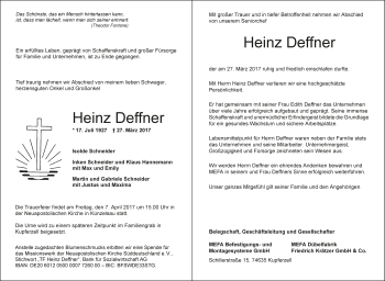 Traueranzeige von Heinz Deffner 