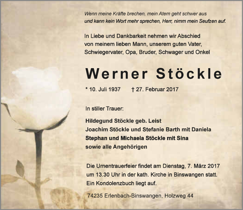  Traueranzeige für Werner Stöckle vom 04.03.2017 aus 