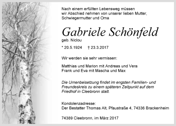 Traueranzeige von Gabriele Schönfeld 