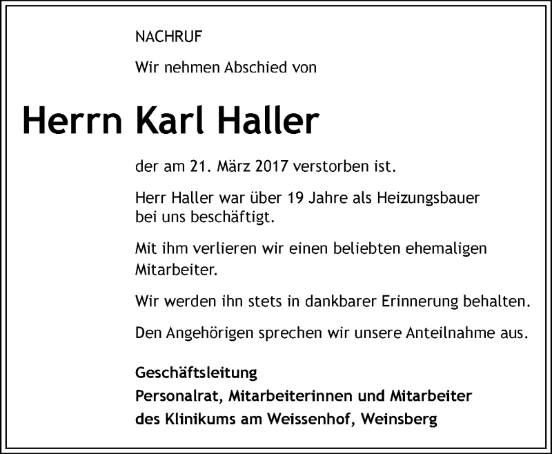  Traueranzeige für Karl Haller vom 25.03.2017 aus 