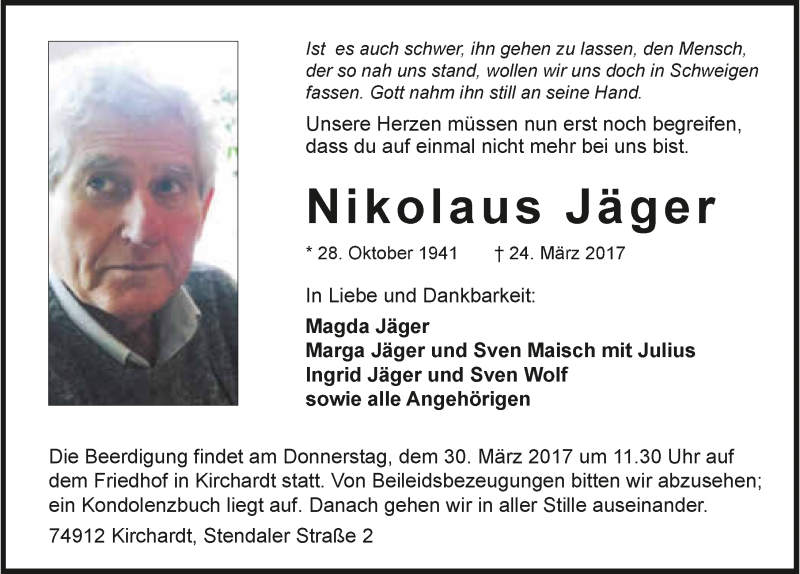  Traueranzeige für Nikolaus Jäger vom 28.03.2017 aus 