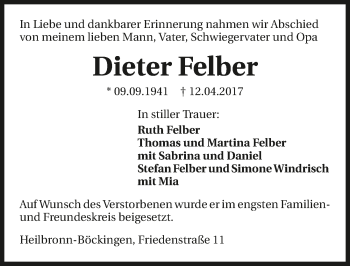Traueranzeige von Dieter Felber 