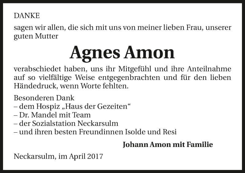  Traueranzeige für Agnes Amon vom 21.04.2017 aus 