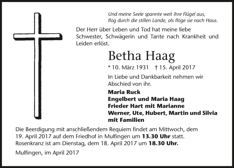  Traueranzeige für Betha Haag vom 18.04.2017 aus 