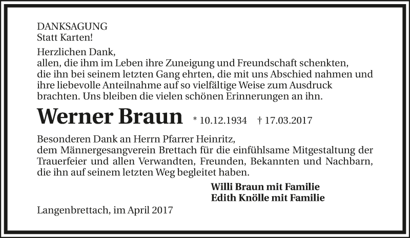  Traueranzeige für Werner Braun vom 13.04.2017 aus 