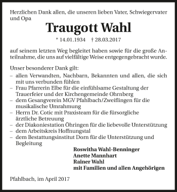 Traueranzeige von Traugott Wahl 