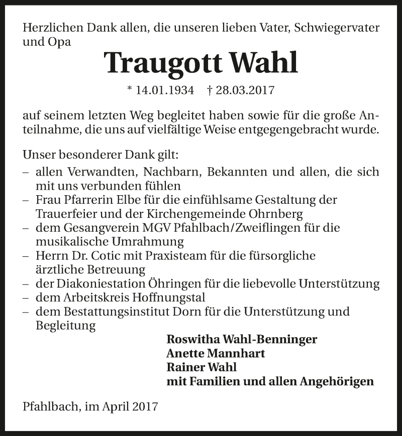  Traueranzeige für Traugott Wahl vom 29.04.2017 aus 