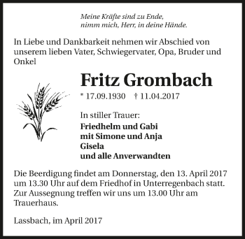 Traueranzeige von Fritz Grombach 