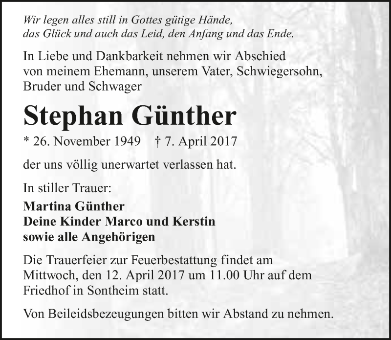  Traueranzeige für Stephan Günther vom 08.04.2017 aus 