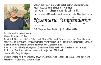 Traueranzeige von Rosemarie Simpfendörfer 
