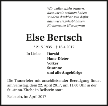Traueranzeige von Else Bertsch 