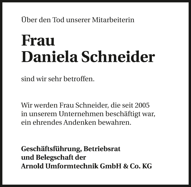  Traueranzeige für Daniela Schneider vom 06.04.2017 aus 
