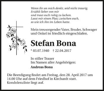 Traueranzeige von Stefan Bona 