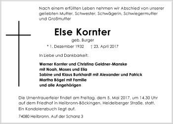 Traueranzeige von Else Kornter 