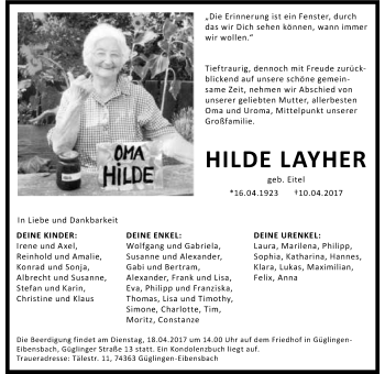 Traueranzeige von Hilde Layher 