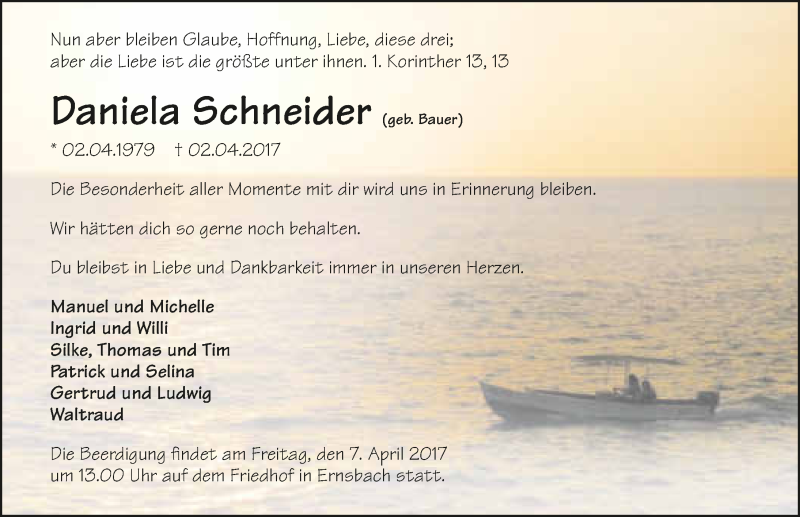  Traueranzeige für Daniela Schneider vom 05.04.2017 aus 