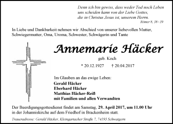 Traueranzeige von Annemarie Häcker 
