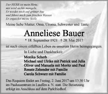 Traueranzeige von Anneliese Bauer 
