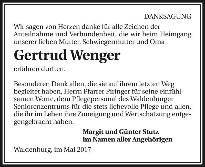  Traueranzeige für Gertrud Wenger vom 31.05.2017 aus 