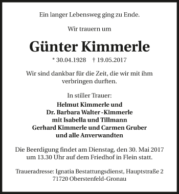 Traueranzeige von Günter Kimmerle 