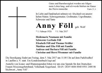Traueranzeige von Anny Föll 