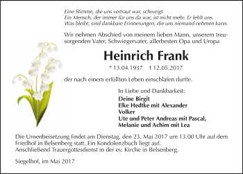 Traueranzeige von Heinrich Frank 
