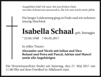 Traueranzeige von Isabella Schaal 