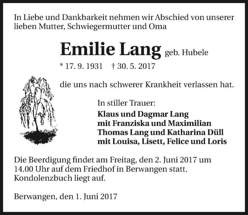  Traueranzeige für Emilie Lang vom 01.06.2017 aus 