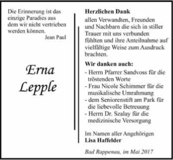 Traueranzeige von Erna Lepple 