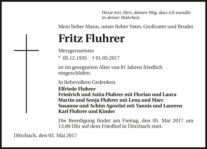  Traueranzeige für Fritz Fluhrer vom 03.05.2017 aus 