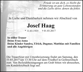 Traueranzeige von Josef Haag 