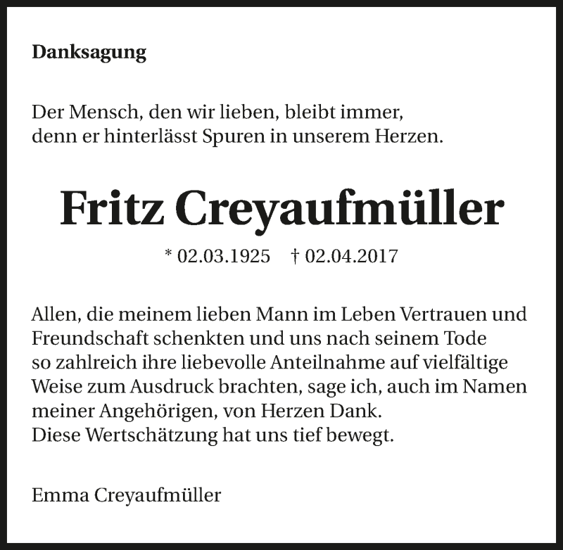  Traueranzeige für Fritz Creyaufmüller vom 13.05.2017 aus 
