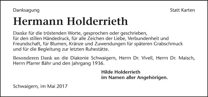  Traueranzeige für Hermann Holderrieth vom 12.05.2017 aus 