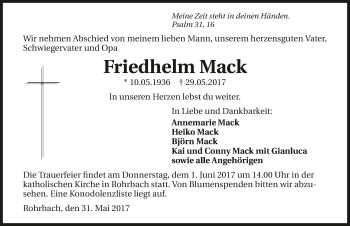 Traueranzeige von Friedhelm Mack 