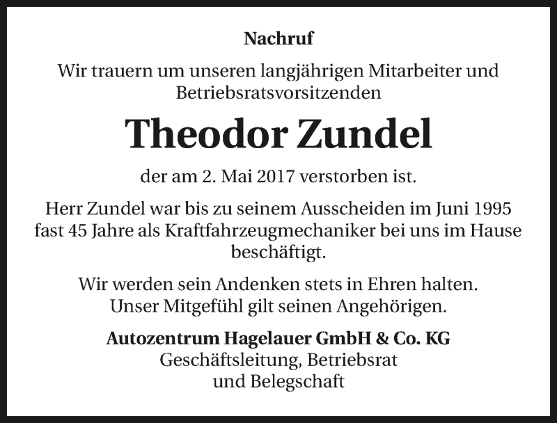  Traueranzeige für Theodor Zundel vom 11.05.2017 aus 